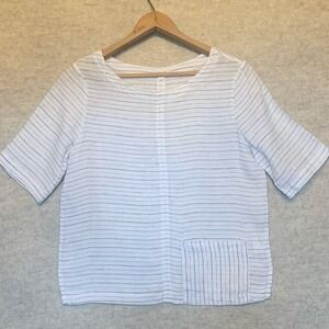 GARNET HILL Linen Blouse Top Womens Sz S White Pinstripe Lagenlook Boxy Pocket